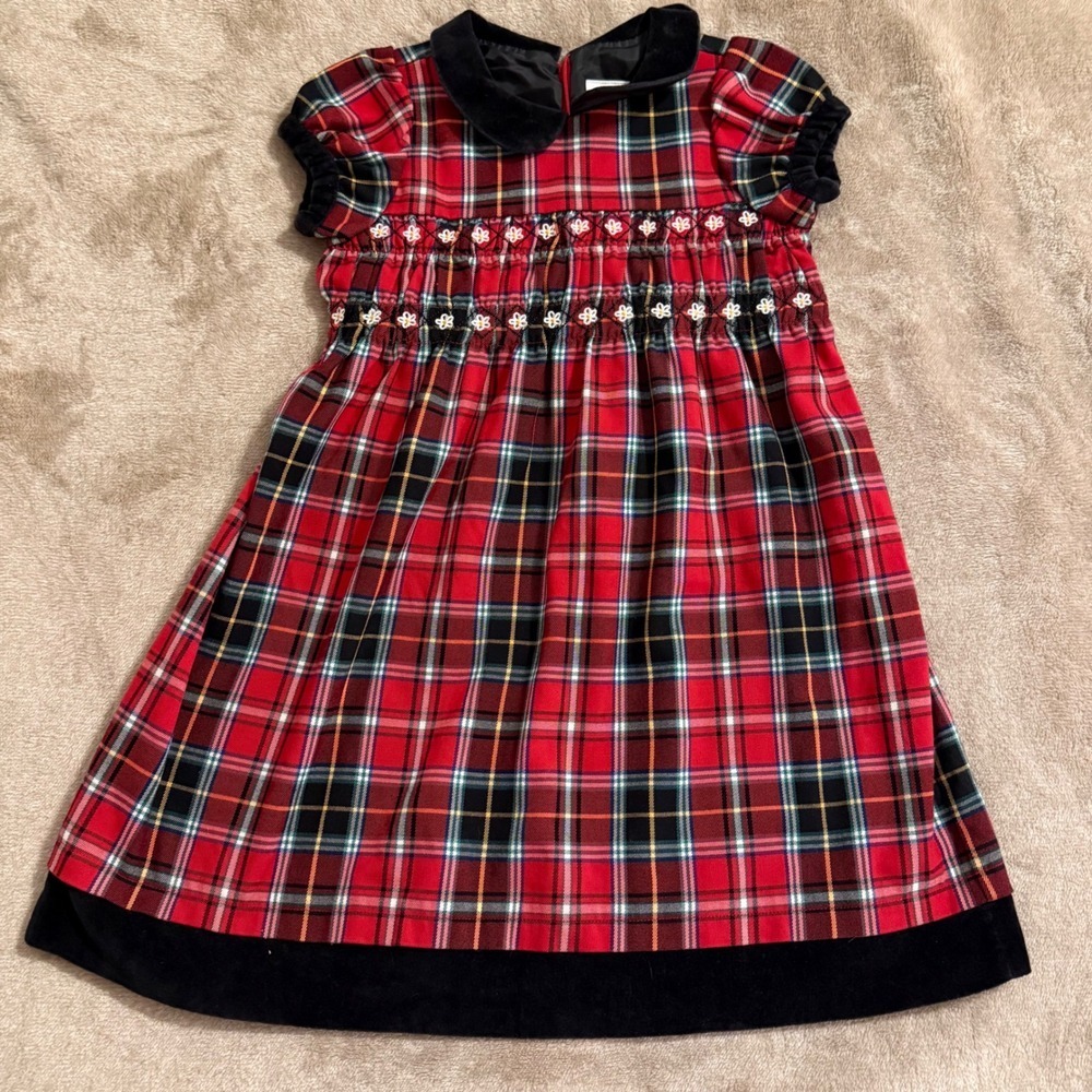 Hanna Andersson Girls Red Plaid Smocked Christmas Dress Velvet Trim Size 100 3T